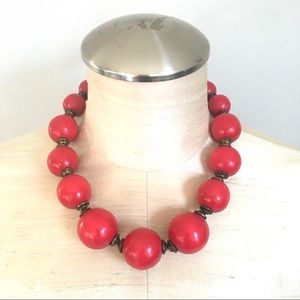 Red wooden beads statement necklace